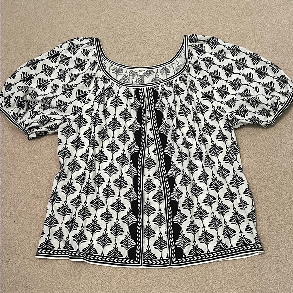 Max Studio‎ Blouse Black White Boho Puff Sleeve Floral Print Top